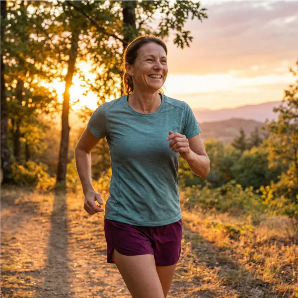 Active woman running at sunset — cellular energy