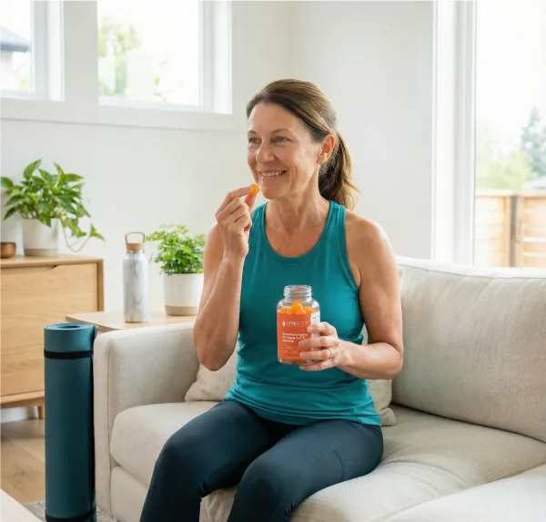 Woman eating LyteBites gummy — daily wellness routine