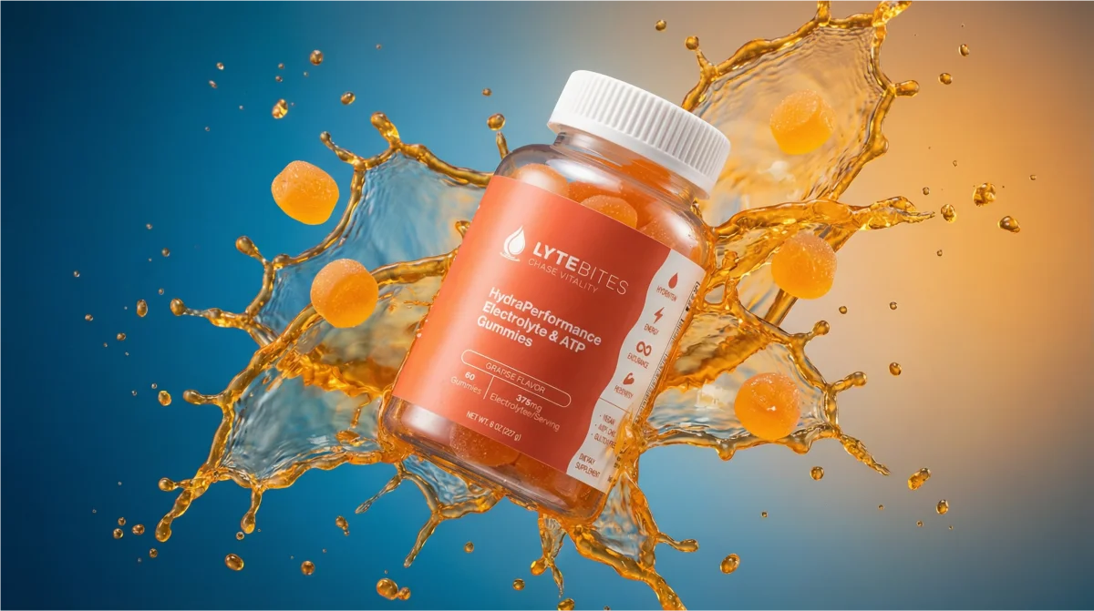 LyteBites HydraPerformance Electrolyte & ATP Gummies bottle with orange splash