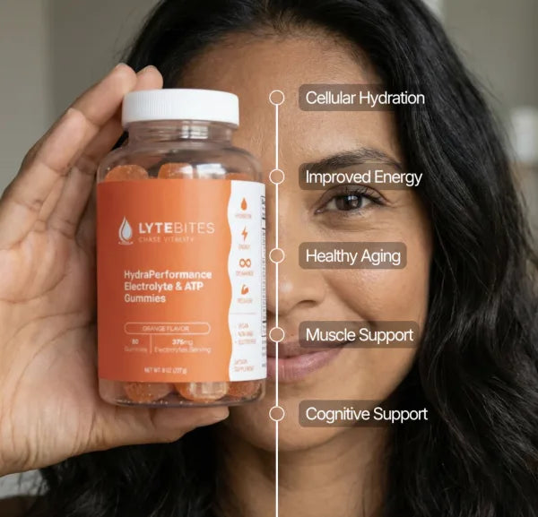 Woman holding LyteBites bottle with benefit callouts