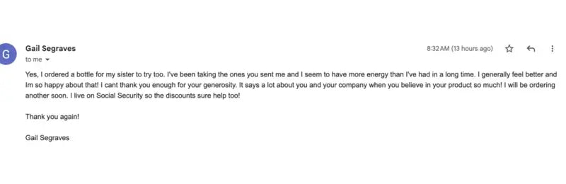 Gail Segraves email: More energy than I've had in a long time