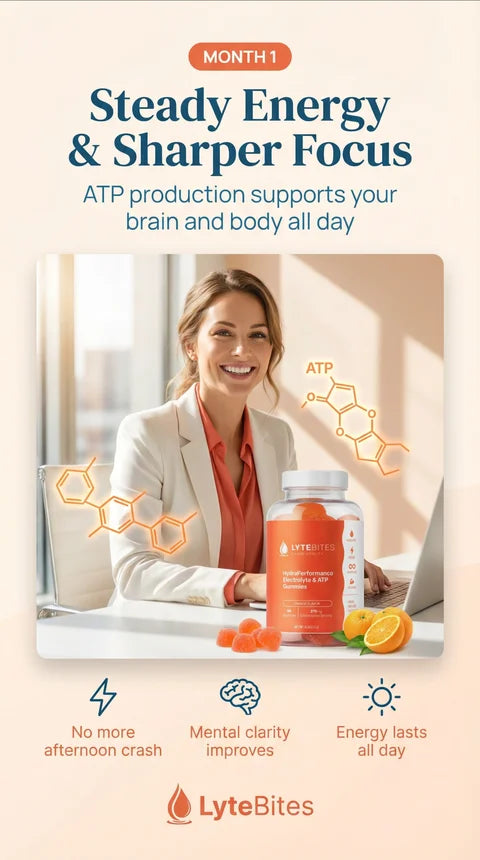 Month 1 — Steady Energy & Sharper Focus: ATP production supports your brain and body all day