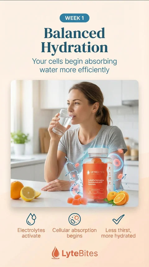 Week 1 — Balanced Hydration: Your cells begin absorbing water more efficiently